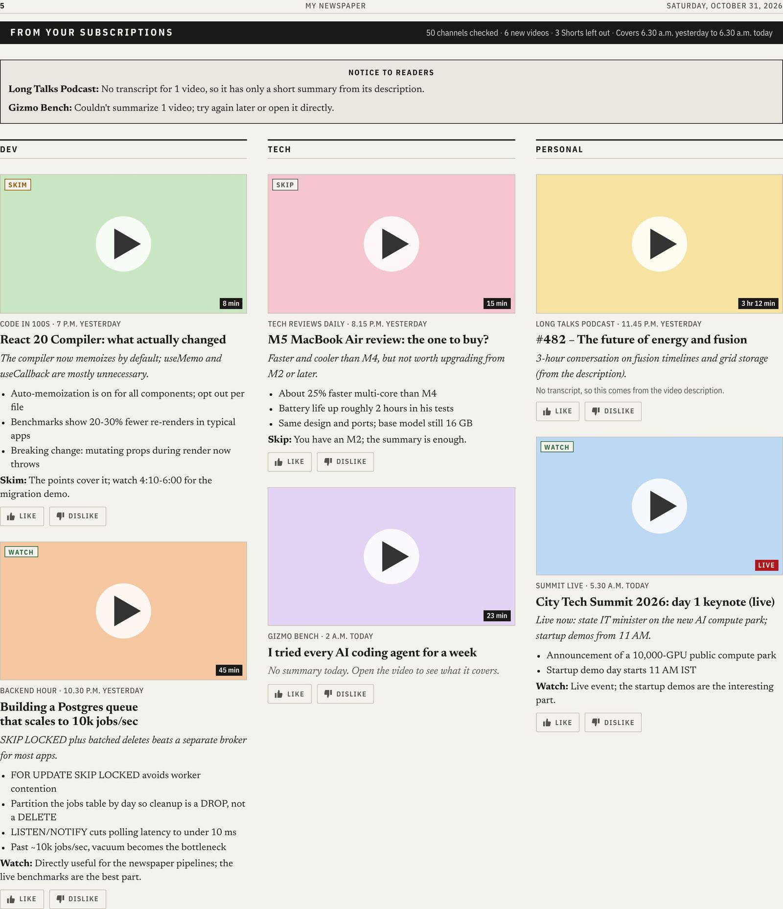 The YouTube page of the sample edition: video cards with watch, skim or skip verdicts, one-line takeaways and key points.